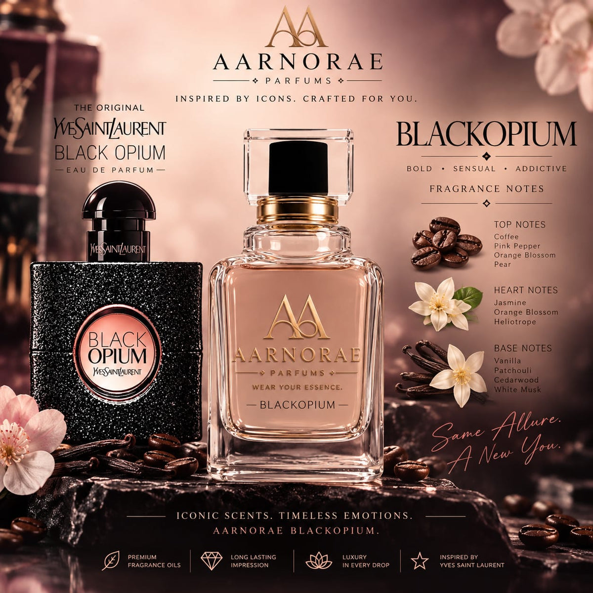 AARNORAE Blackopium women's Eau de Parfum with coffee, orange blossom, vanilla and patchouli.