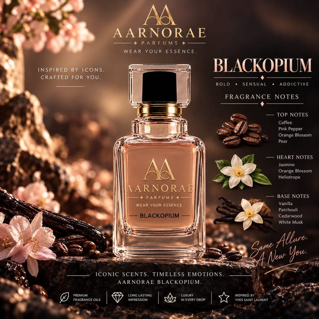 AARNORAE Blackopium perfume bottle highlighting a bold coffee vanilla floral gourmand scent.
