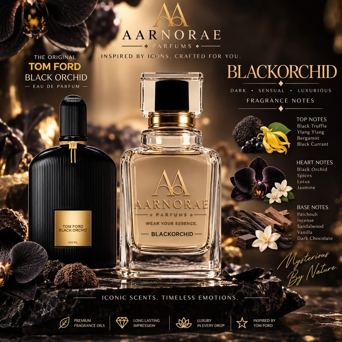 AARNORAE Blackorchid Eau de Parfum with black truffle, orchid, incense, vanilla and dark chocolate.