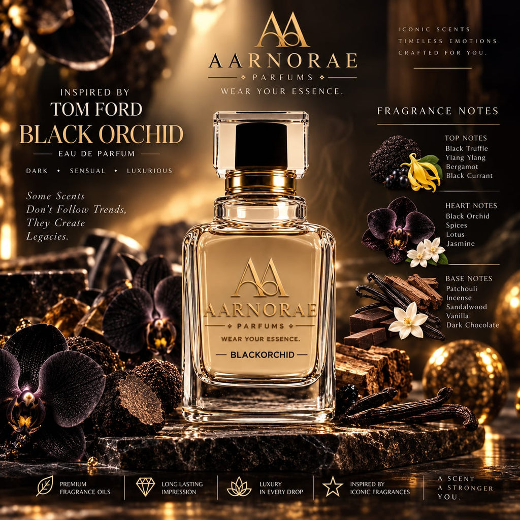 AARNORAE Blackorchid perfume bottle highlighting a dark floral woody gourmand fragrance.