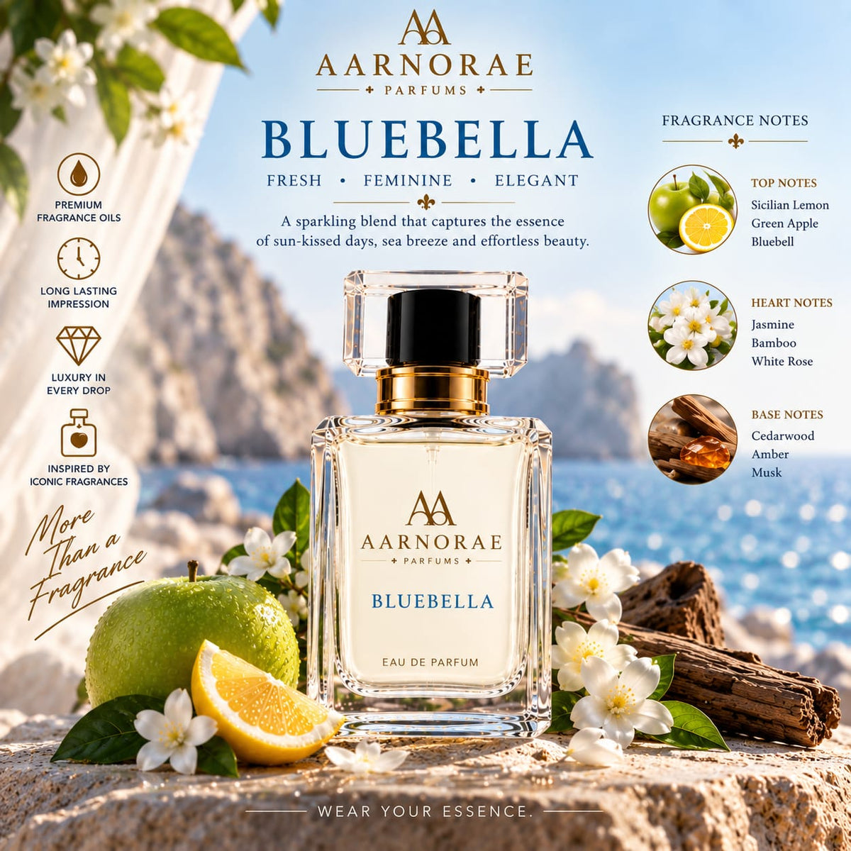 AARNORAE Bluebella fresh citrus floral perfume inspired by Dolce & Gabbana Light Blue.