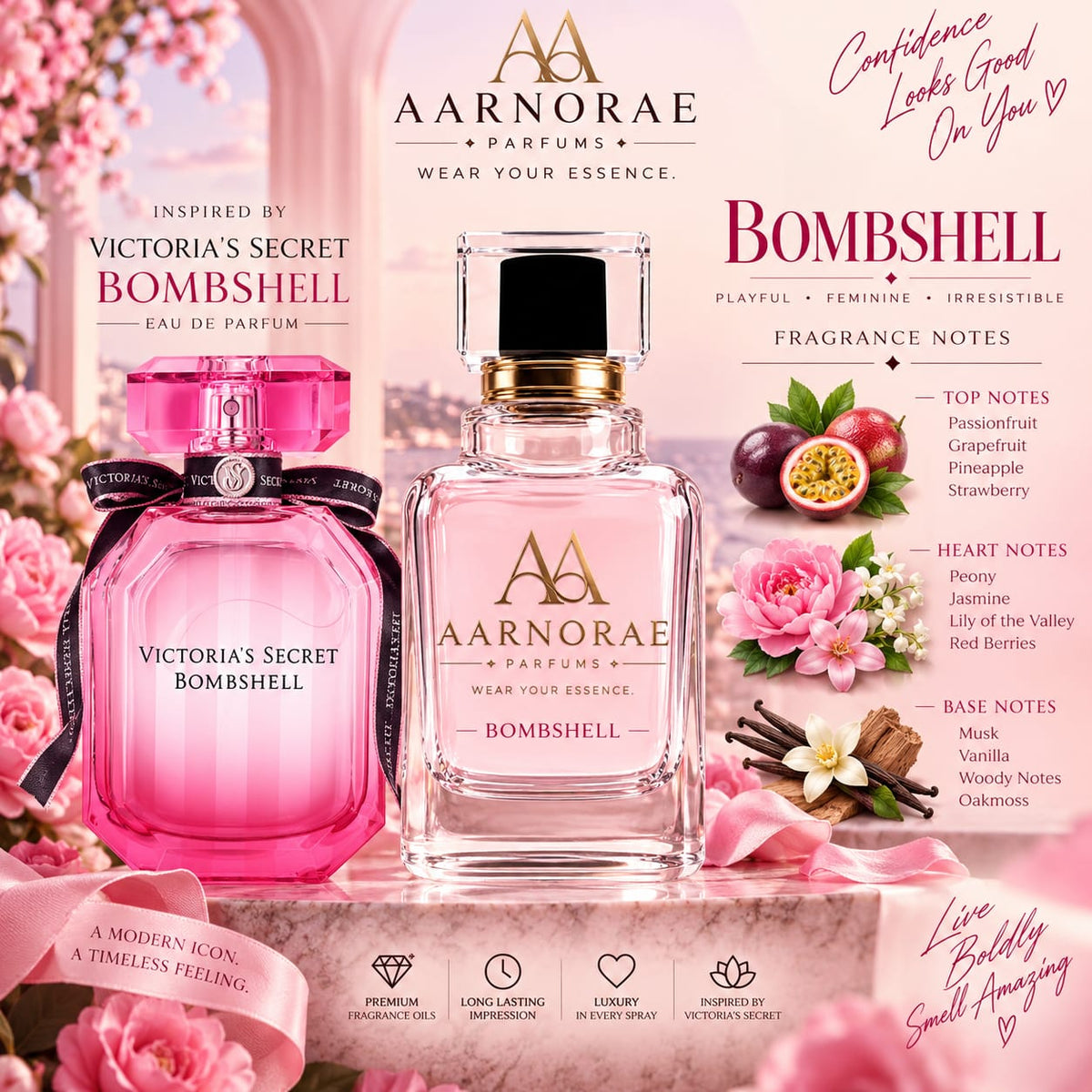 AARNORAE Bombshell fruity fresh floral Eau de Parfum for women with passionfruit, peony and musk.