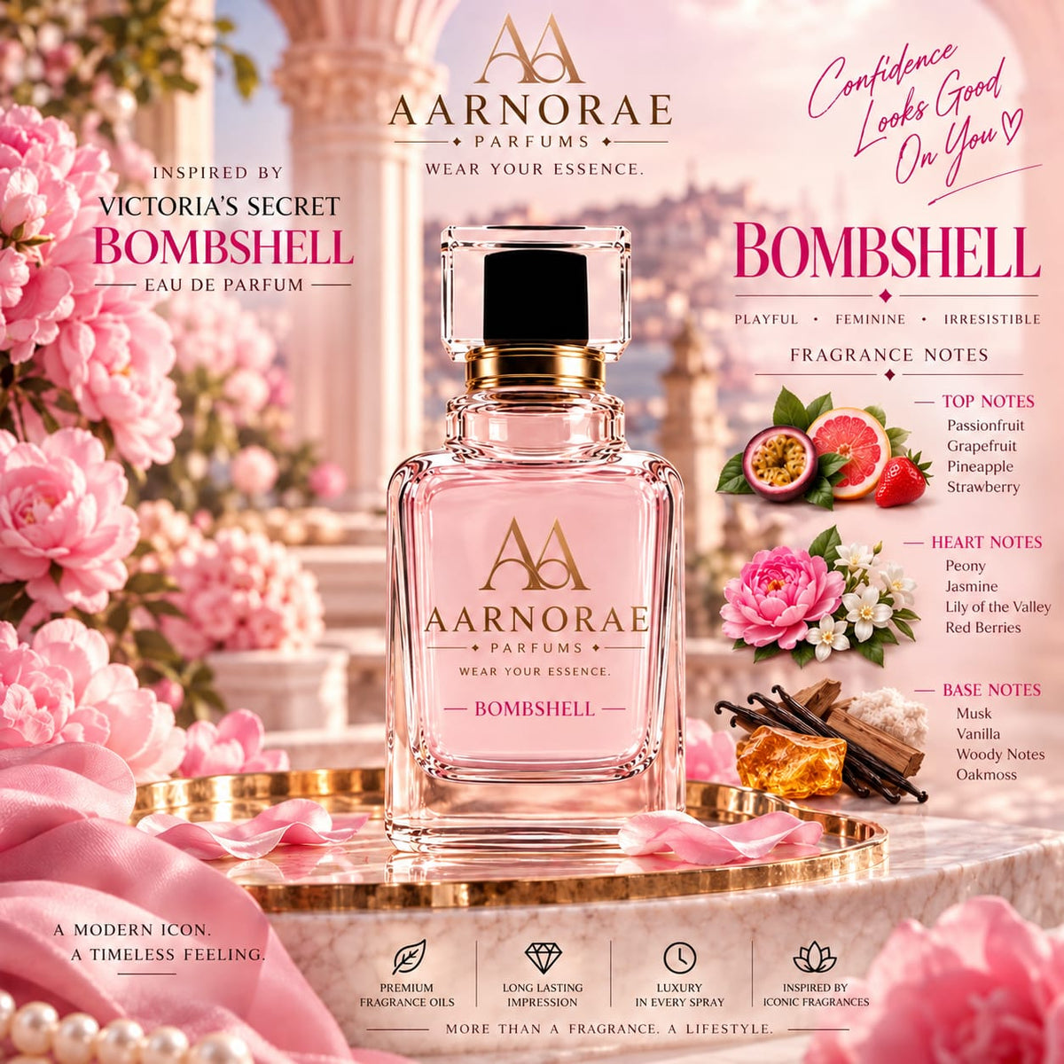 AARNORAE Bombshell playful fruity floral perfume inspired by Victoria's Secret Bombshell.