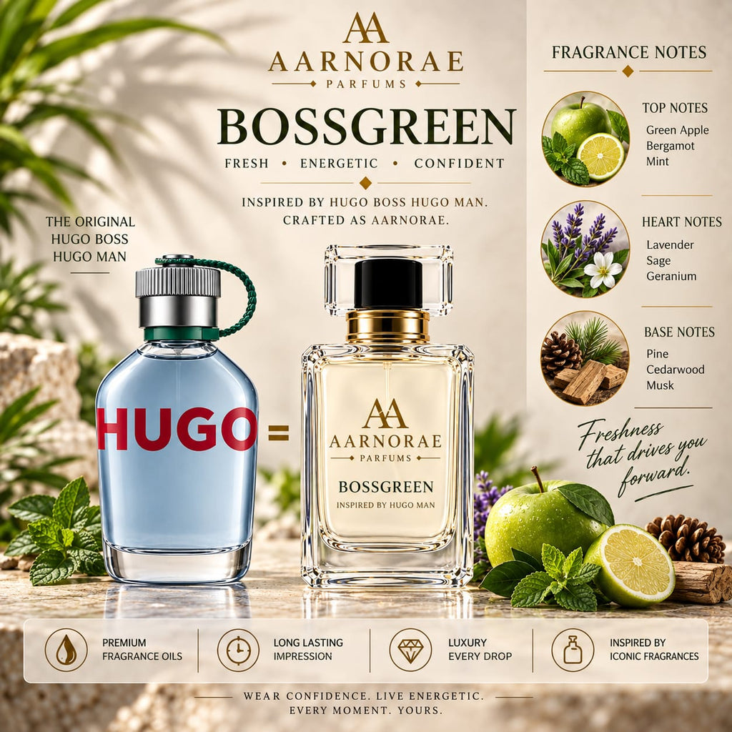 AARNORAE Bossgreen fresh aromatic woody Eau de Parfum for men with green apple, lavender and cedarwood.