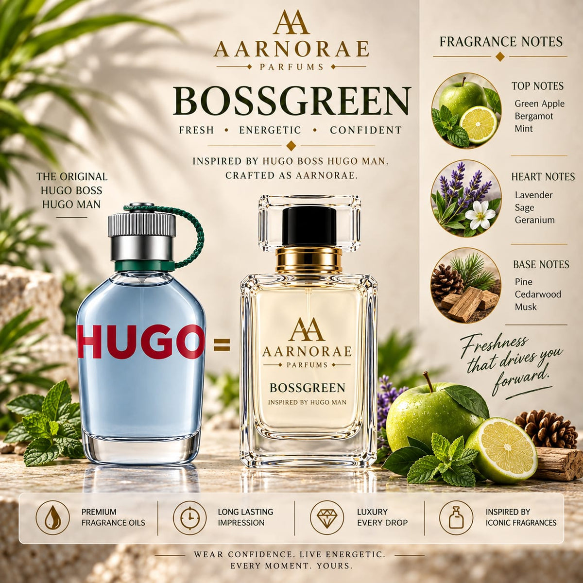 AARNORAE Bossgreen fresh aromatic woody Eau de Parfum for men with green apple, lavender and cedarwood.