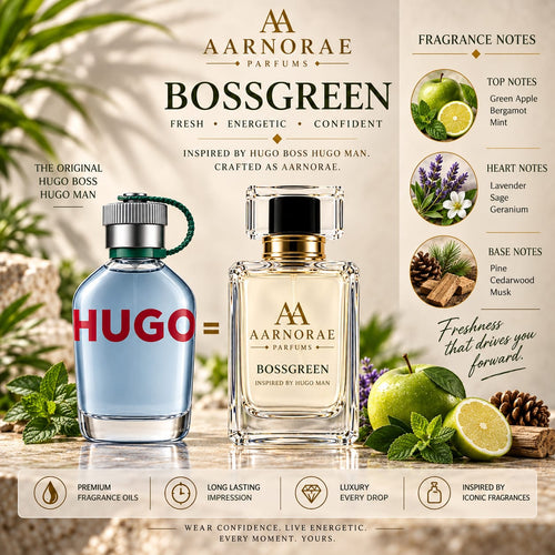 AARNORAE Bossgreen fresh aromatic woody Eau de Parfum for men with green apple, lavender and cedarwood.