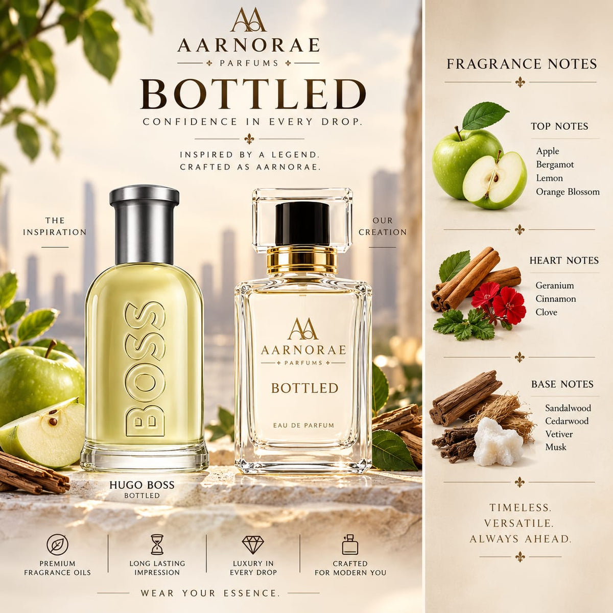 AARNORAE Bottled fresh spicy woody Eau de Parfum for men with apple, cinnamon and sandalwood.