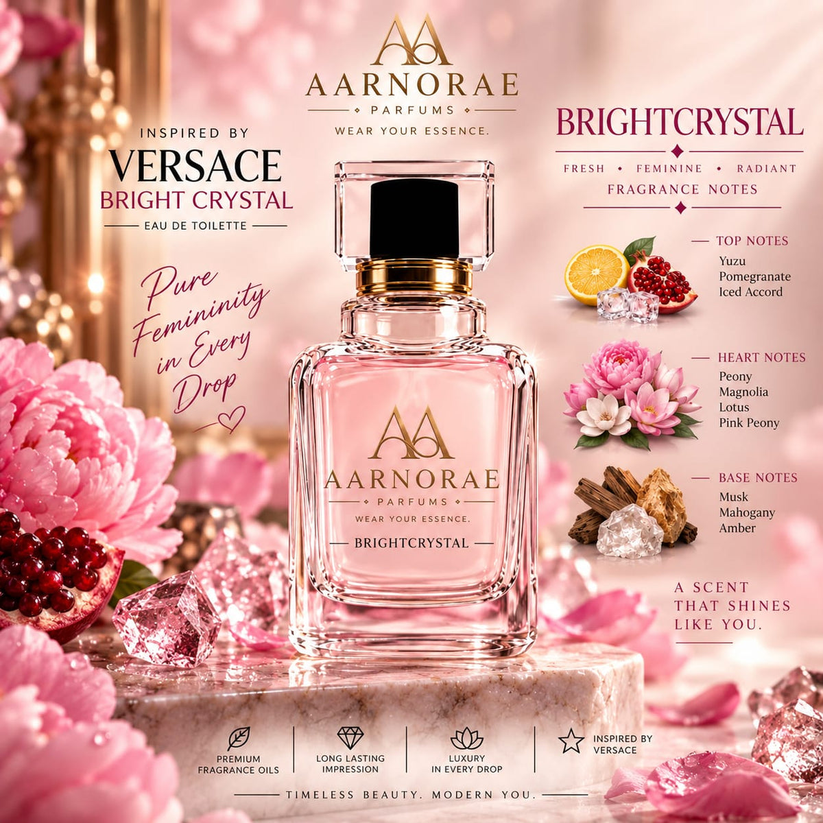 AARNORAE Brightcrystal perfume bottle highlighting a fresh fruity floral fragrance for women.