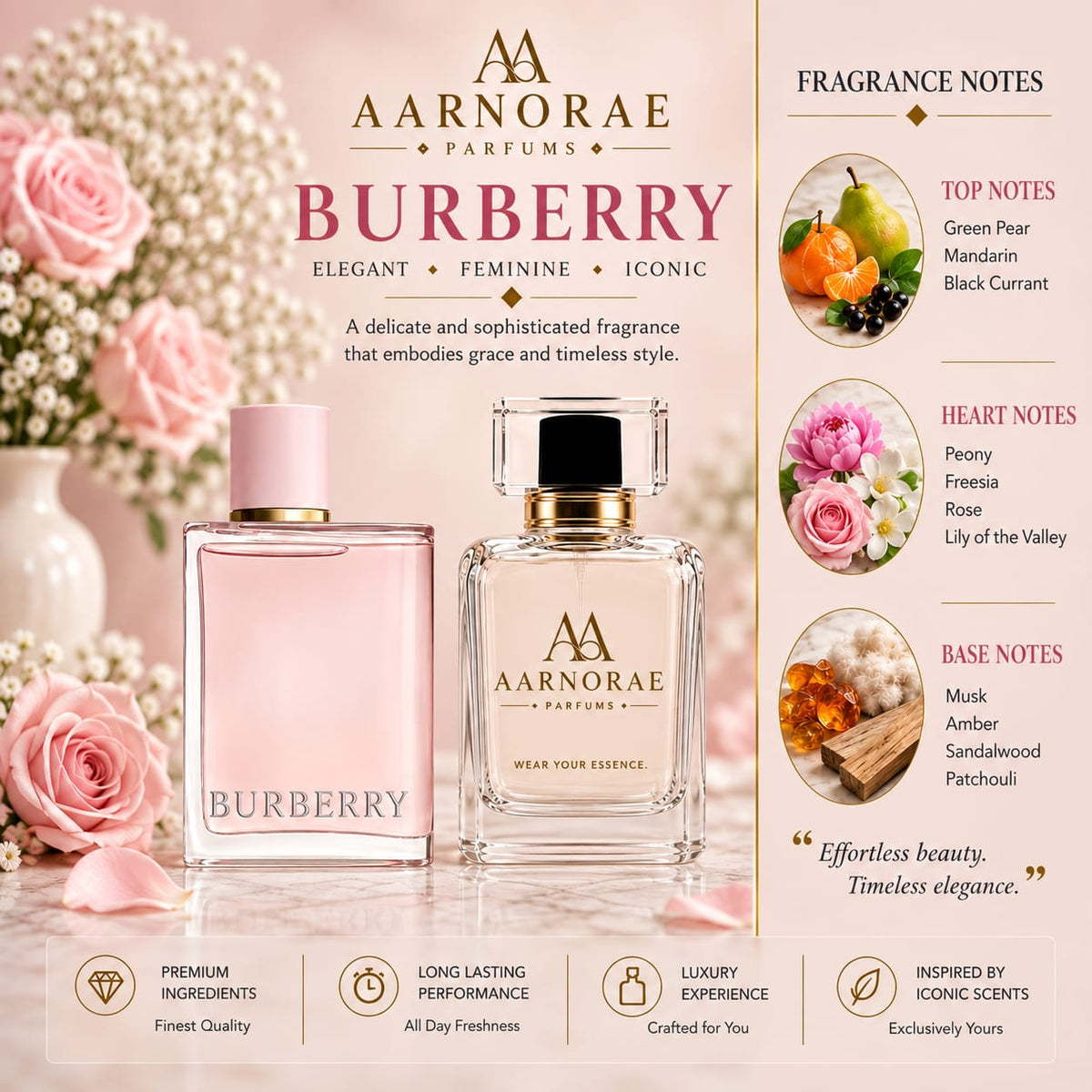 AARNORAE Burberry soft fruity floral Eau de Parfum for women with green pear, peony and sandalwood.