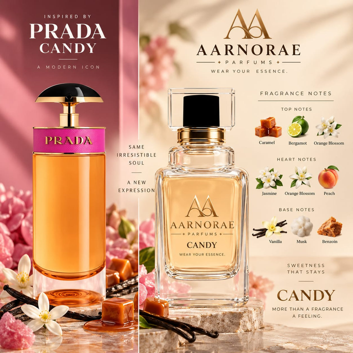 AARNORAE Candy sweet gourmand floral Eau de Parfum for women with caramel, jasmine and vanilla.