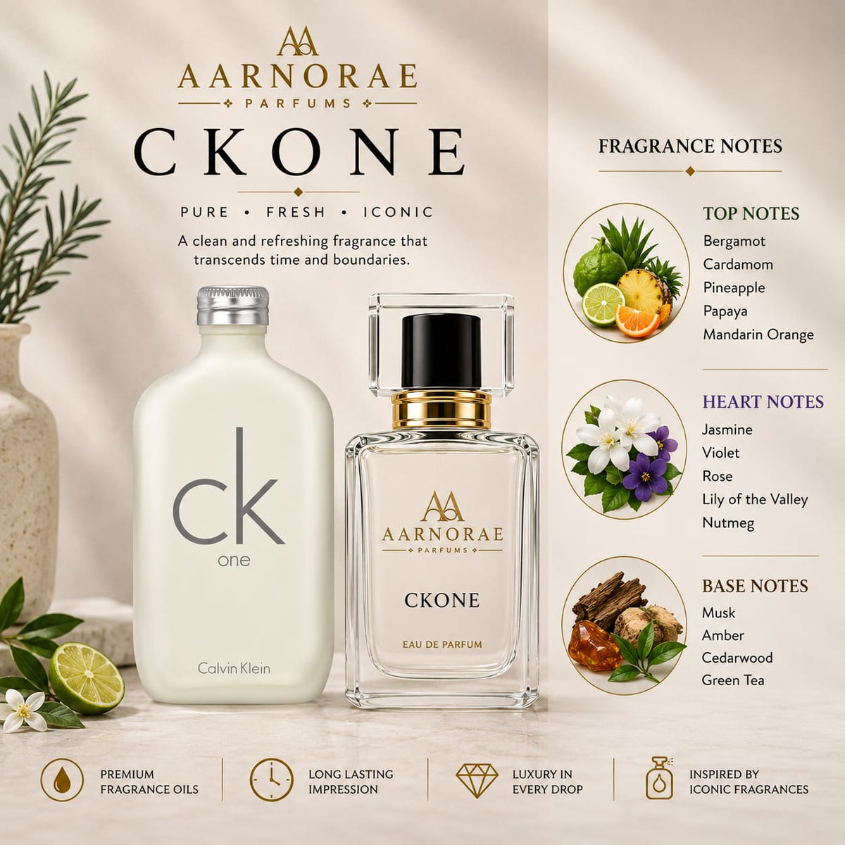 AARNORAE CKOne fresh citrus floral unisex Eau de Parfum with bergamot, green tea and musk.