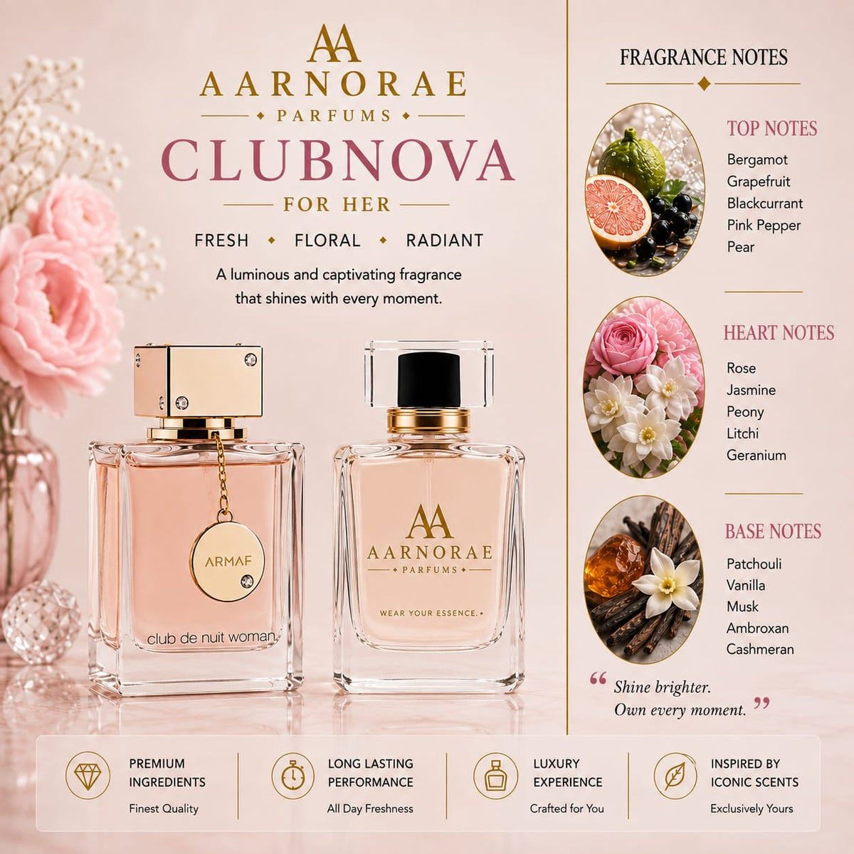 AARNORAE Clubnova floral fruity musky Eau de Parfum for women with bergamot, rose and vanilla.