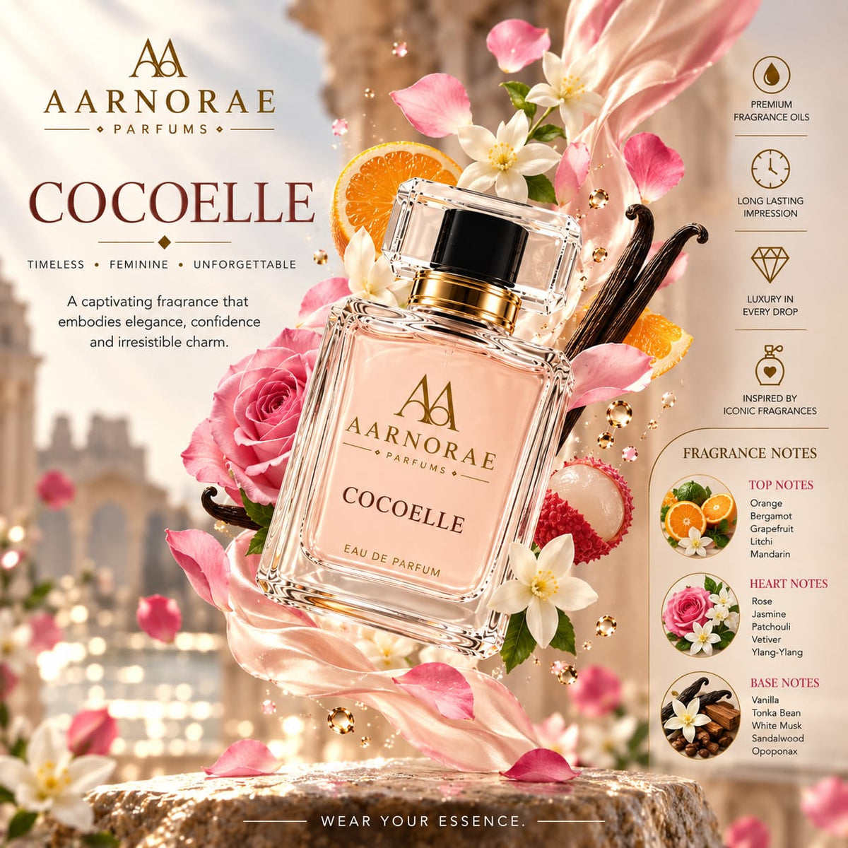 AARNORAE Cocoelle elegant citrus floral perfume inspired by Chanel Coco Mademoiselle.