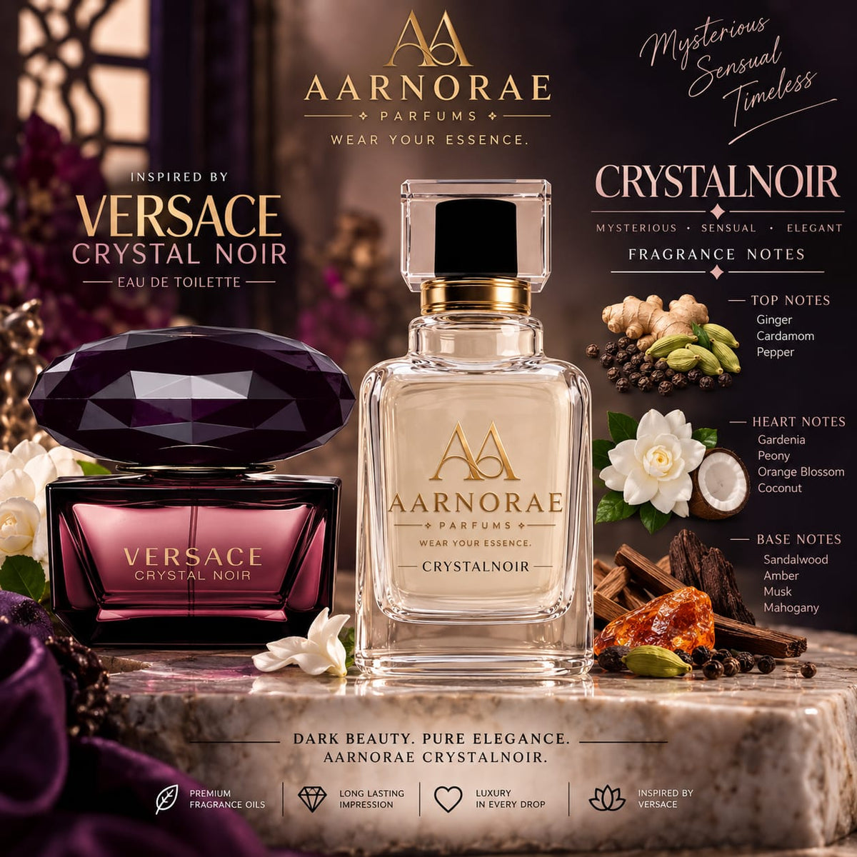 AARNORAE Crystalnoir spicy creamy floral Eau de Parfum for women with ginger, gardenia and sandalwood.