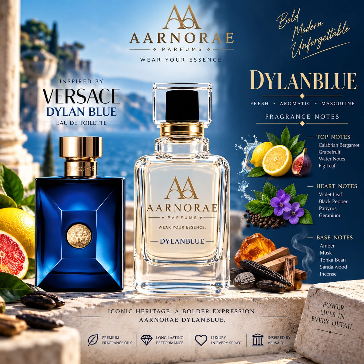 AARNORAE Dylanblue fresh citrus aromatic woody Eau de Parfum for men with bergamot, pepper and amber.