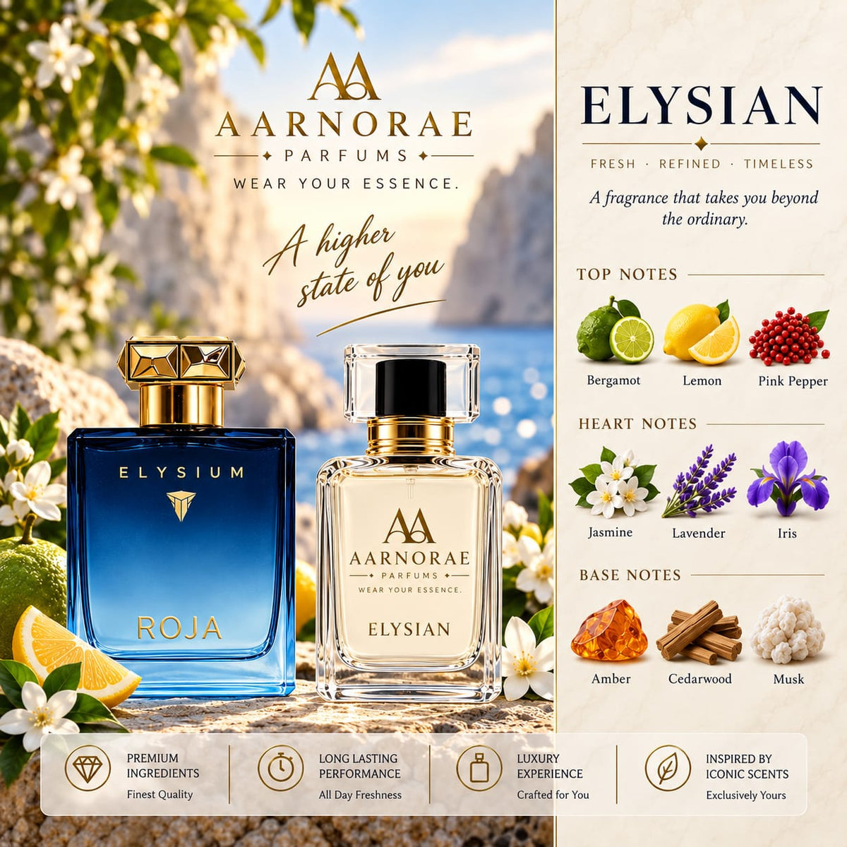 AARNORAE Elysian fresh citrus aromatic Eau de Parfum with floral woody musky depth.