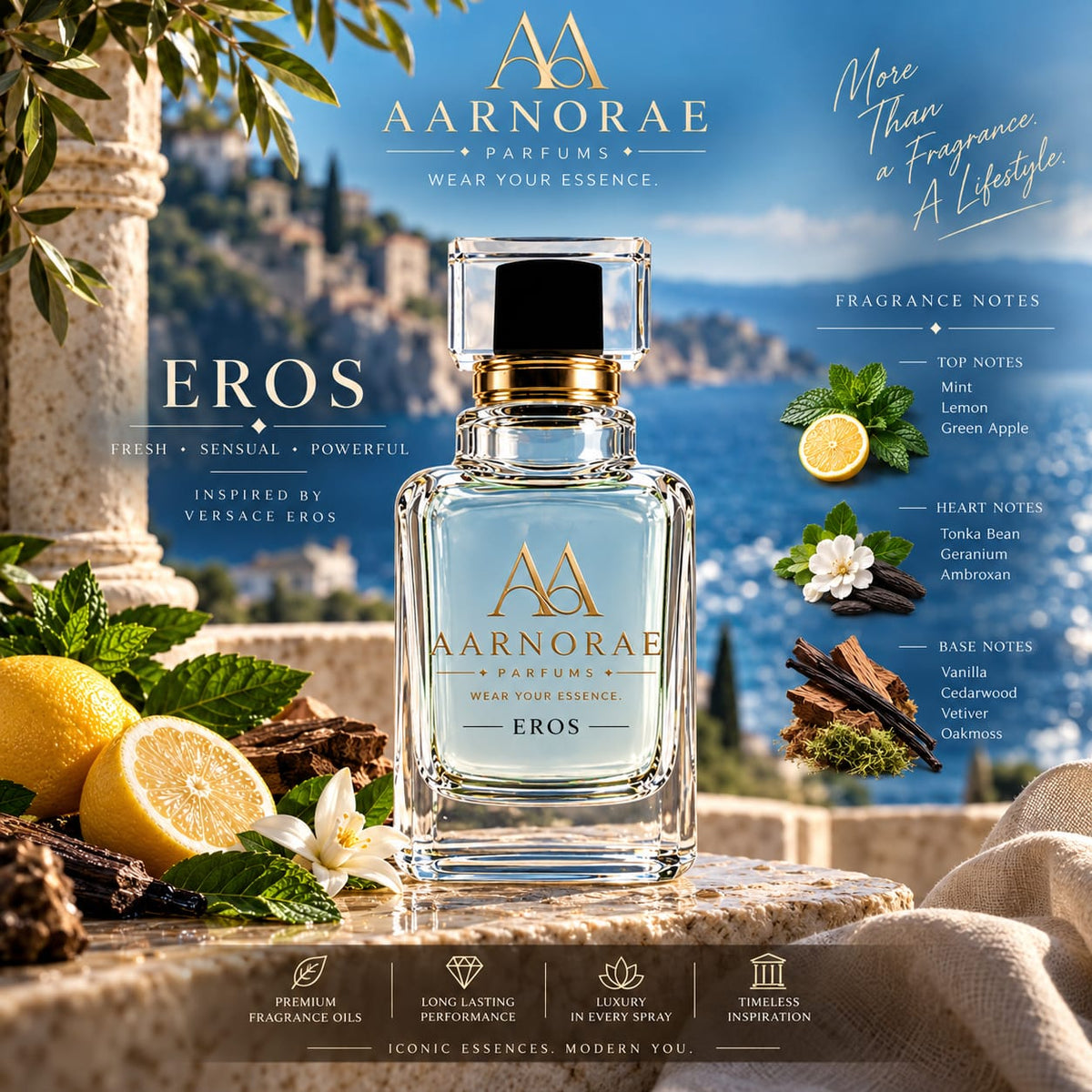 AARNORAE Eros seductive aromatic woody perfume inspired by Versace Eros.