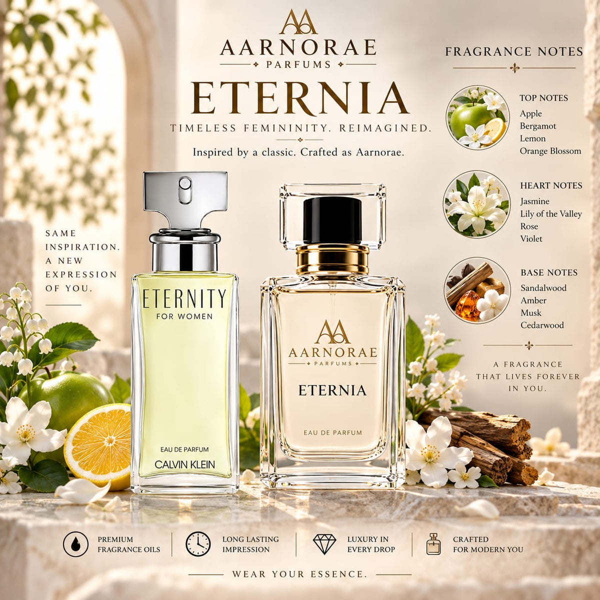 AARNORAE Eternia fresh floral woody Eau de Parfum for women with apple, jasmine and sandalwood.