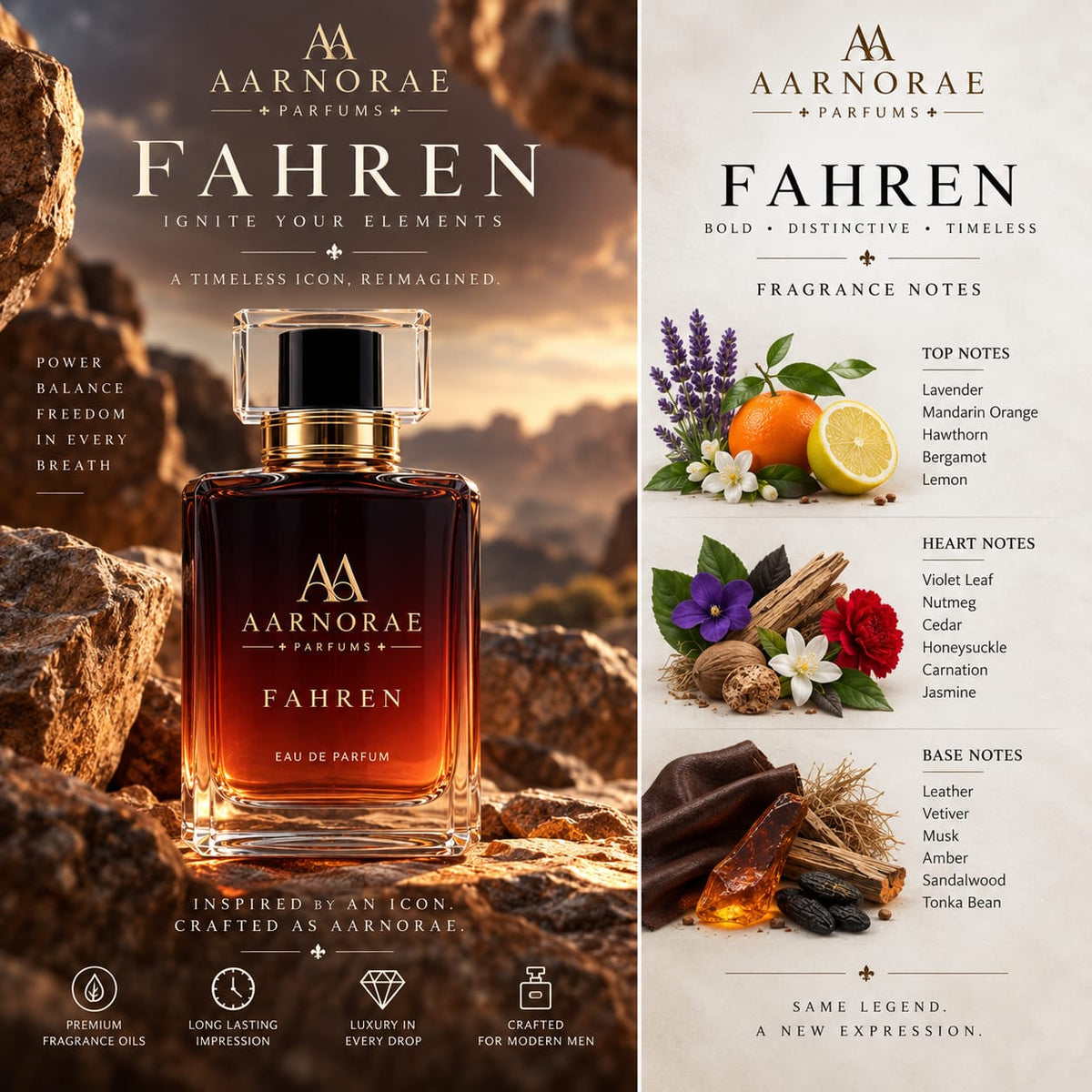 AARNORAE Fahren bold leather aromatic perfume inspired by Dior Fahrenheit.