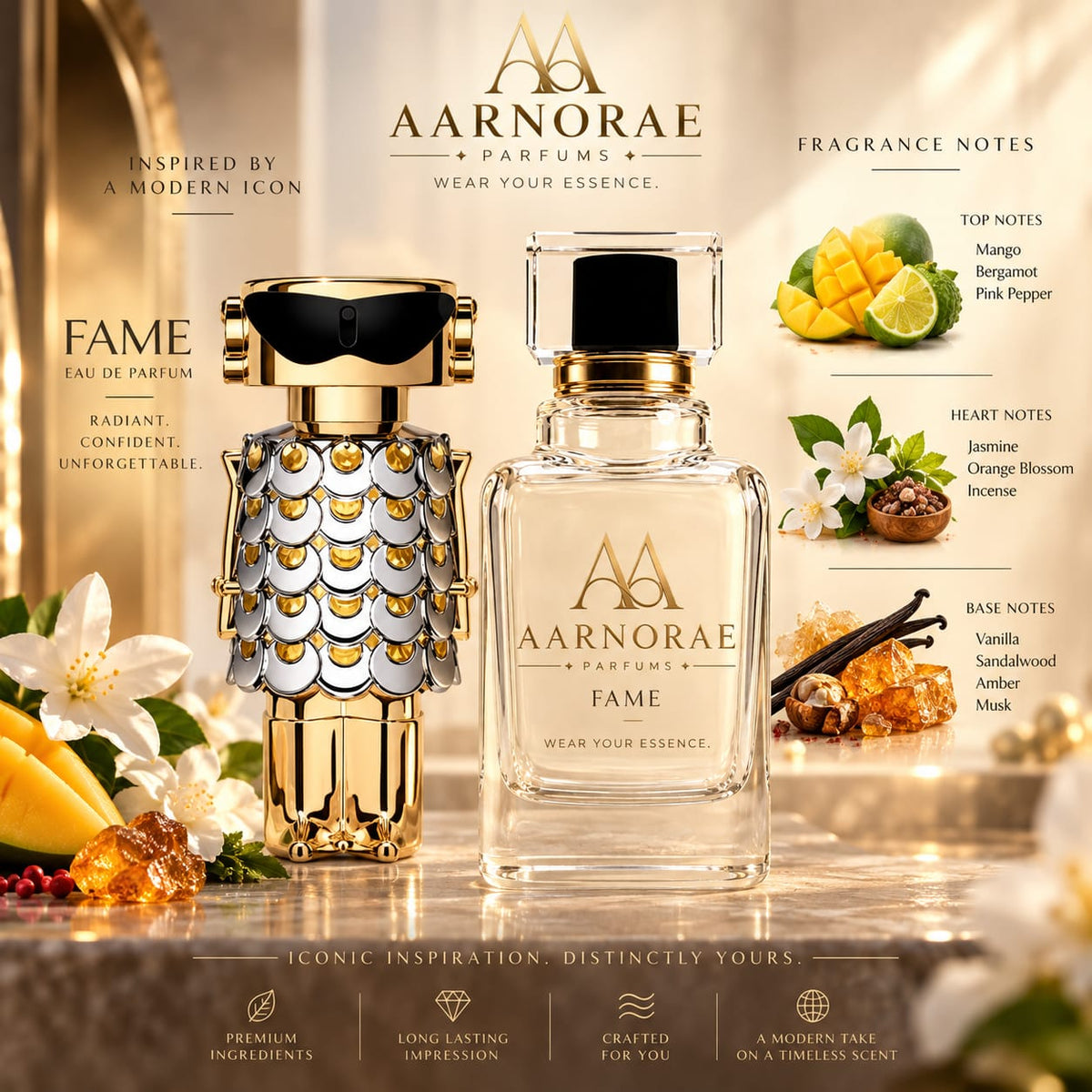 AARNORAE Fame fruity floral gourmand Eau de Parfum for women with mango, jasmine and vanilla.