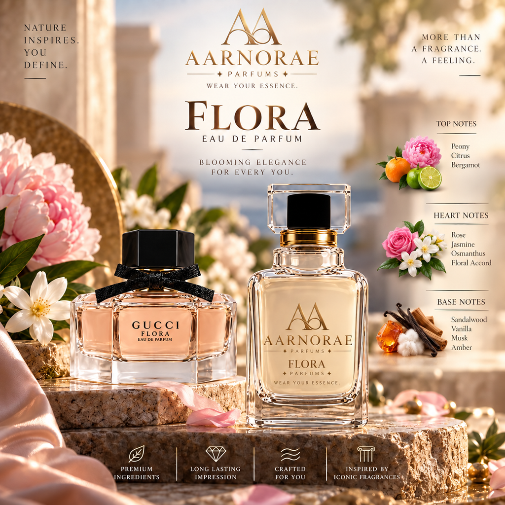 A luxury perfume advertisement featuring Aarnorae Parfums 'Flora' Eau de Parfum and a Gucci Flora Eau de Parfum. The two clear glass bottles are displayed on a stone pedestal surrounded by pink peonies, white flowers, and citrus fruits, with text detailing the scents' notes and brand histories.