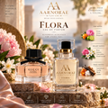 A luxury perfume advertisement featuring Aarnorae Parfums 'Flora' Eau de Parfum and a Gucci Flora Eau de Parfum. The two clear glass bottles are displayed on a stone pedestal surrounded by pink peonies, white flowers, and citrus fruits, with text detailing the scents' notes and brand histories.