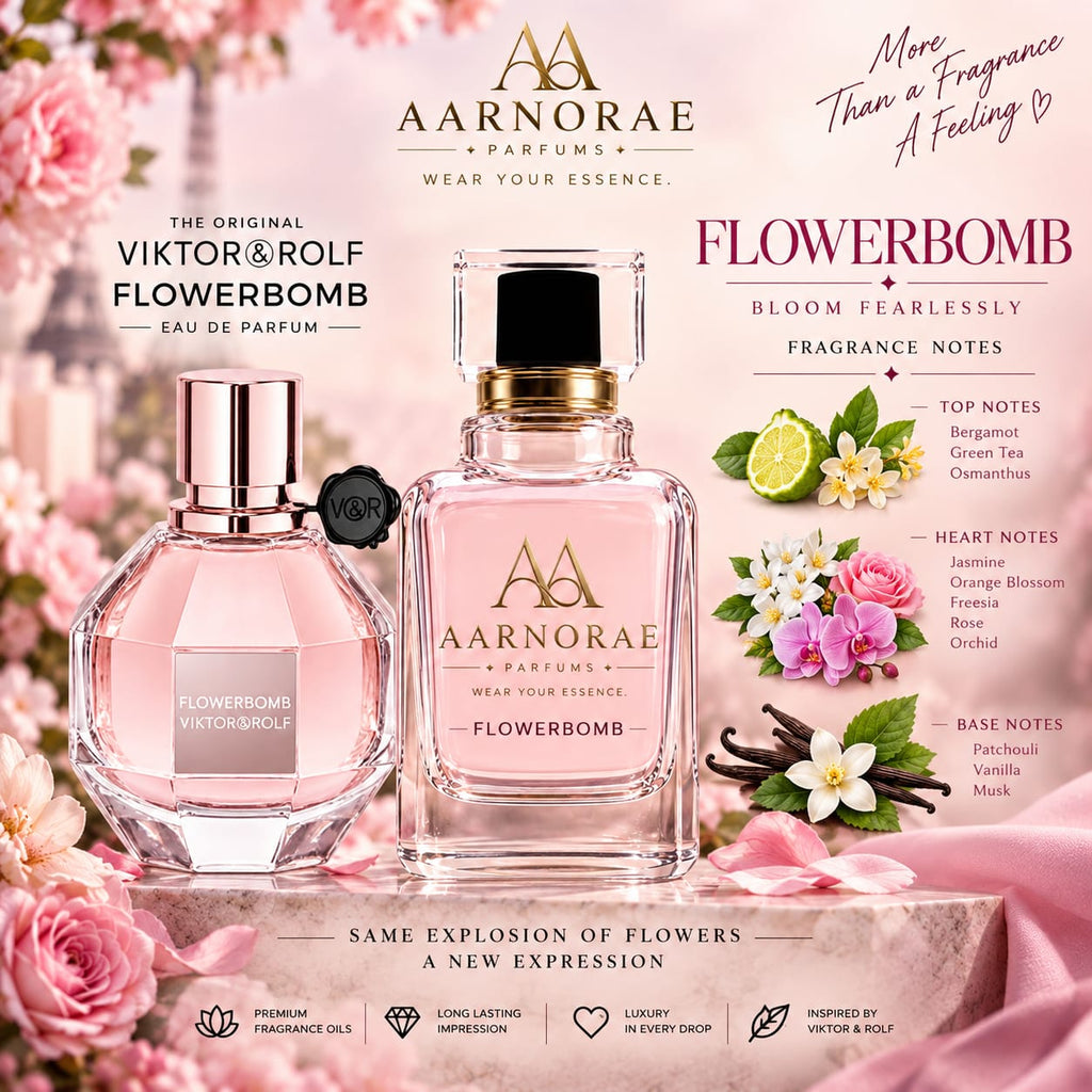 AARNORAE Flowerbomb fresh sweet floral Eau de Parfum for women with bergamot, jasmine and vanilla.