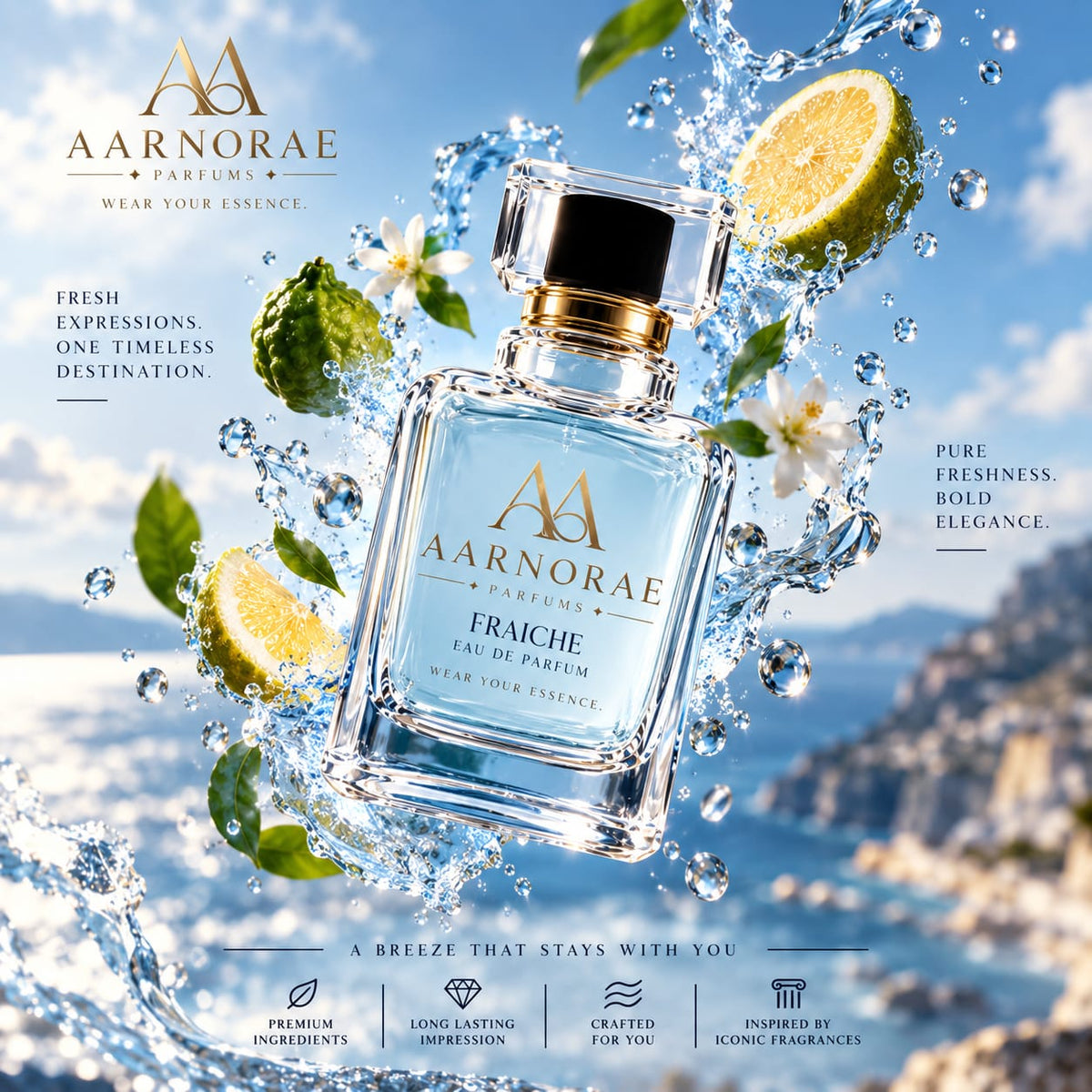 AARNORAE Fraiche cool Mediterranean fresh perfume inspired by Versace Eau Fraiche.