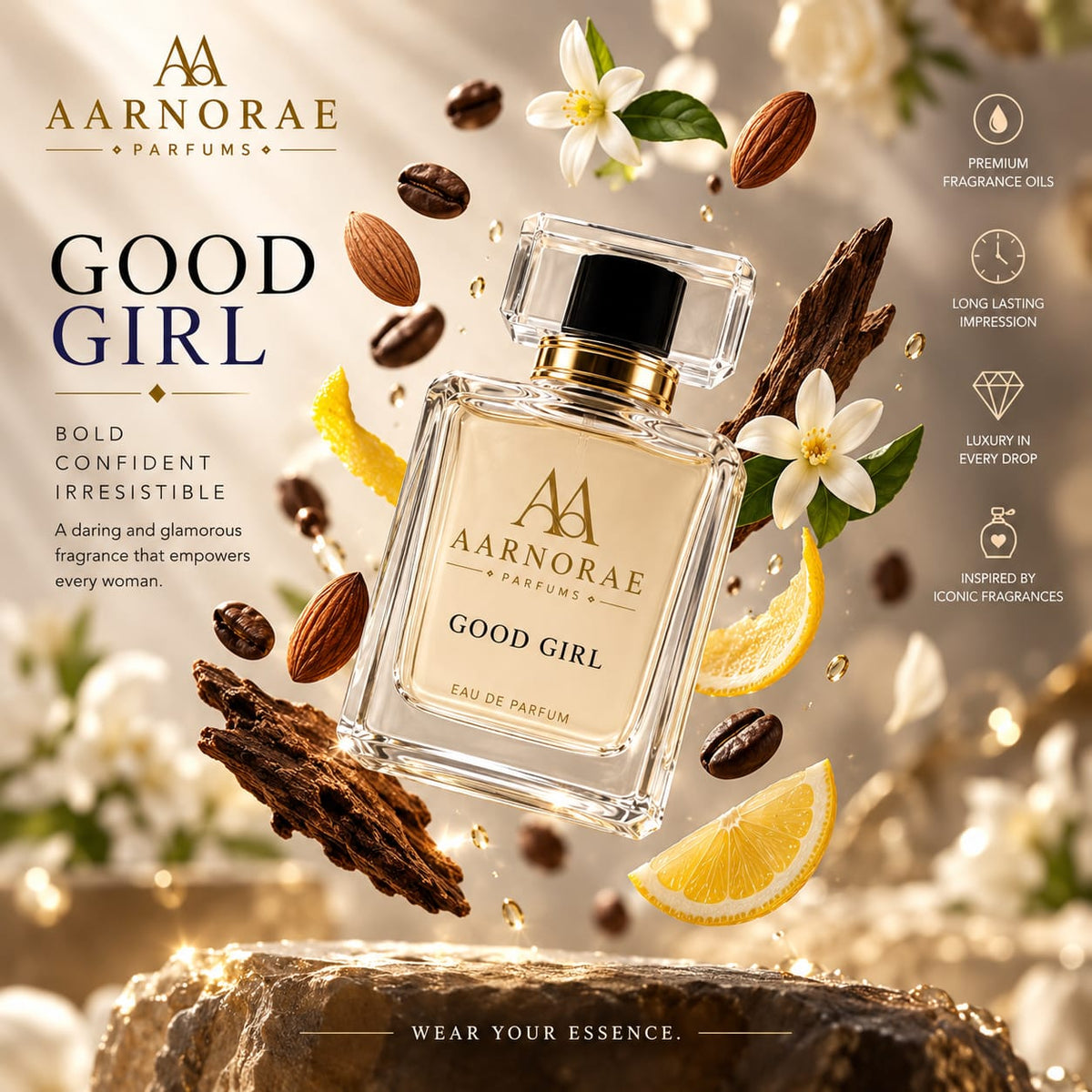 AARNORAE Goodgirl glamorous floral gourmand perfume inspired by Carolina Herrera Good Girl.