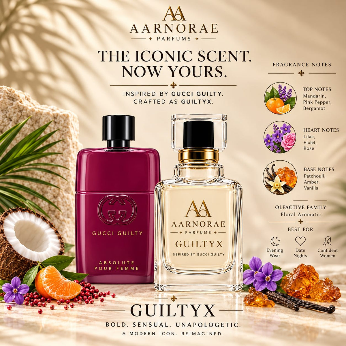 AARNORAE Guiltyx warm floral aromatic Eau de Parfum for women with mandarin, lilac and vanilla.