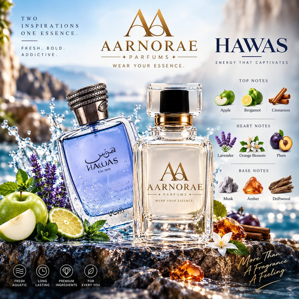 AARNORAE Hawas fresh aquatic fruity Eau de Parfum for men with apple, lavender and amber.