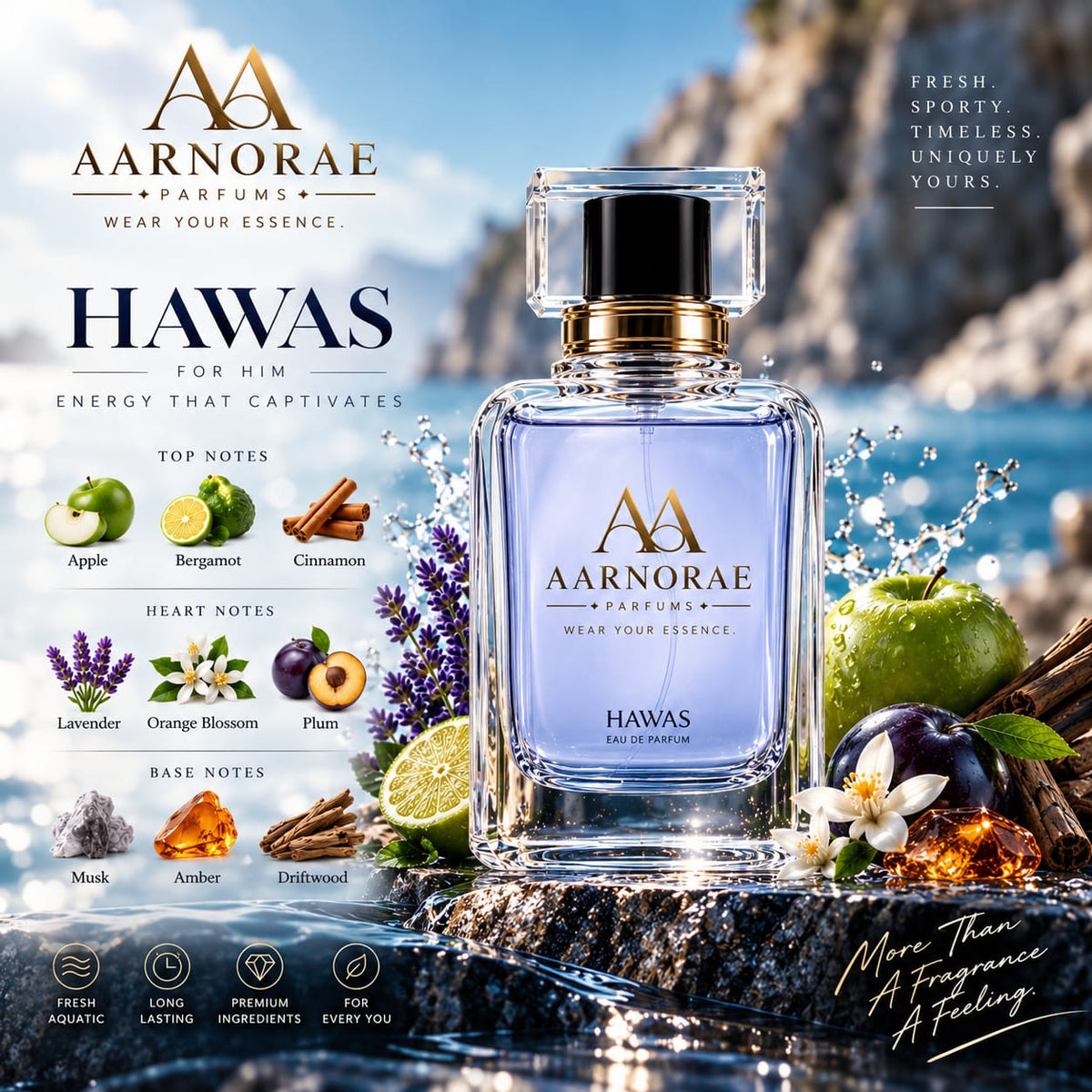 AARNORAE Hawas energetic aquatic woody perfume inspired by Rasasi Hawas.