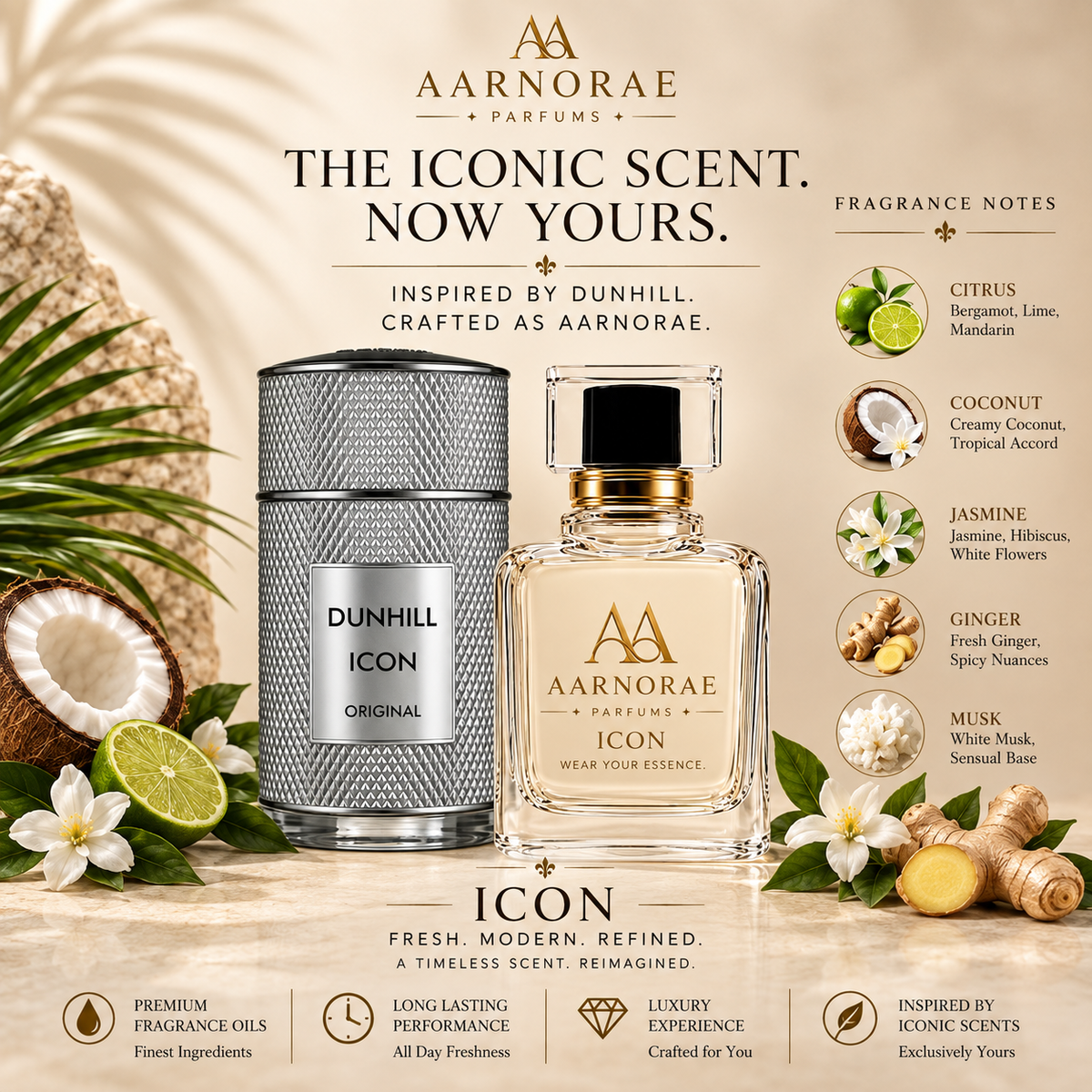 AARNORAE Icon citrus fresh floral musky Eau de Parfum for men with bergamot, jasmine and white musk.