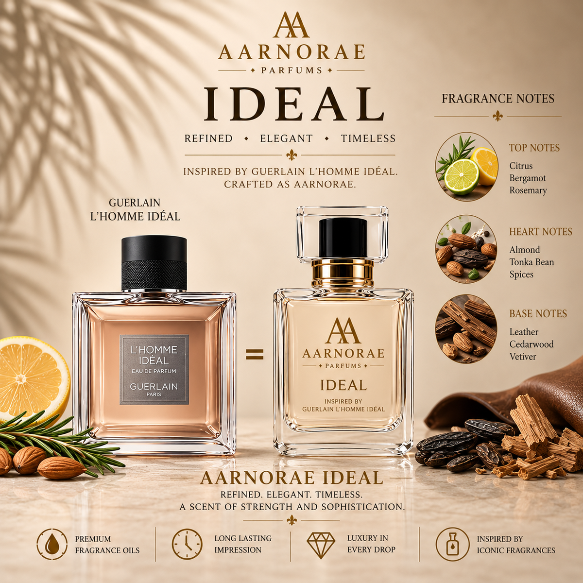 AARNORAE Ideal woody spicy aromatic Eau de Parfum for men with citrus, almond and leather.