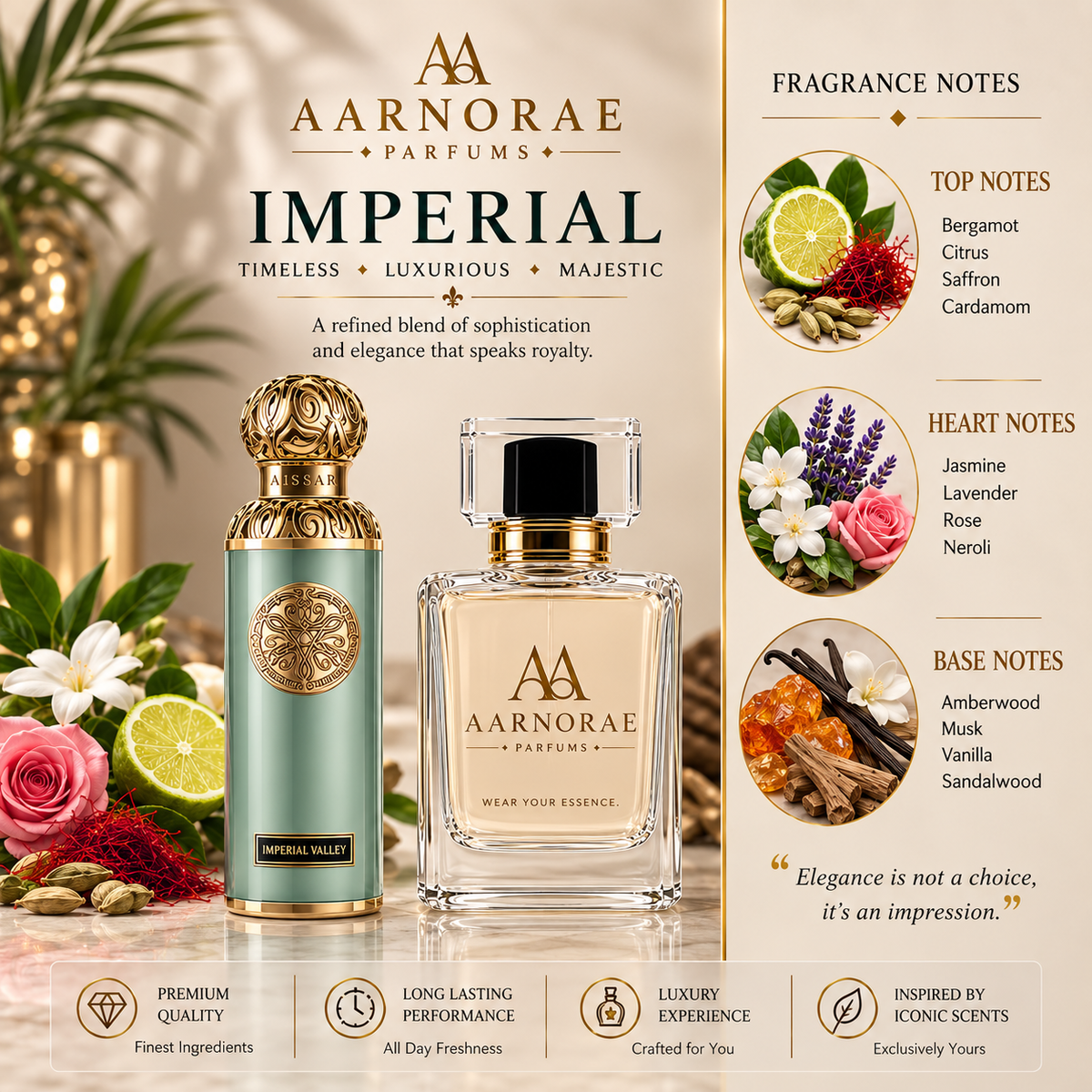 AARNORAE Imperial amber floral woody Eau de Parfum with saffron, jasmine and sandalwood.