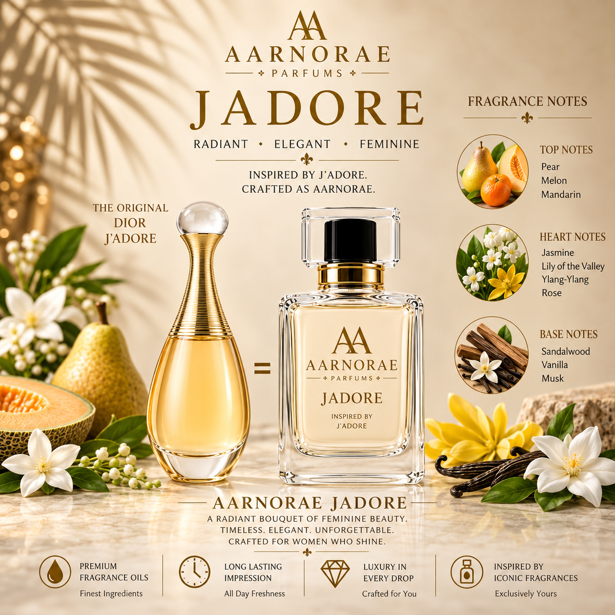 AARNORAE Jadore soft fruity floral Eau de Parfum for women with pear, jasmine and sandalwood.