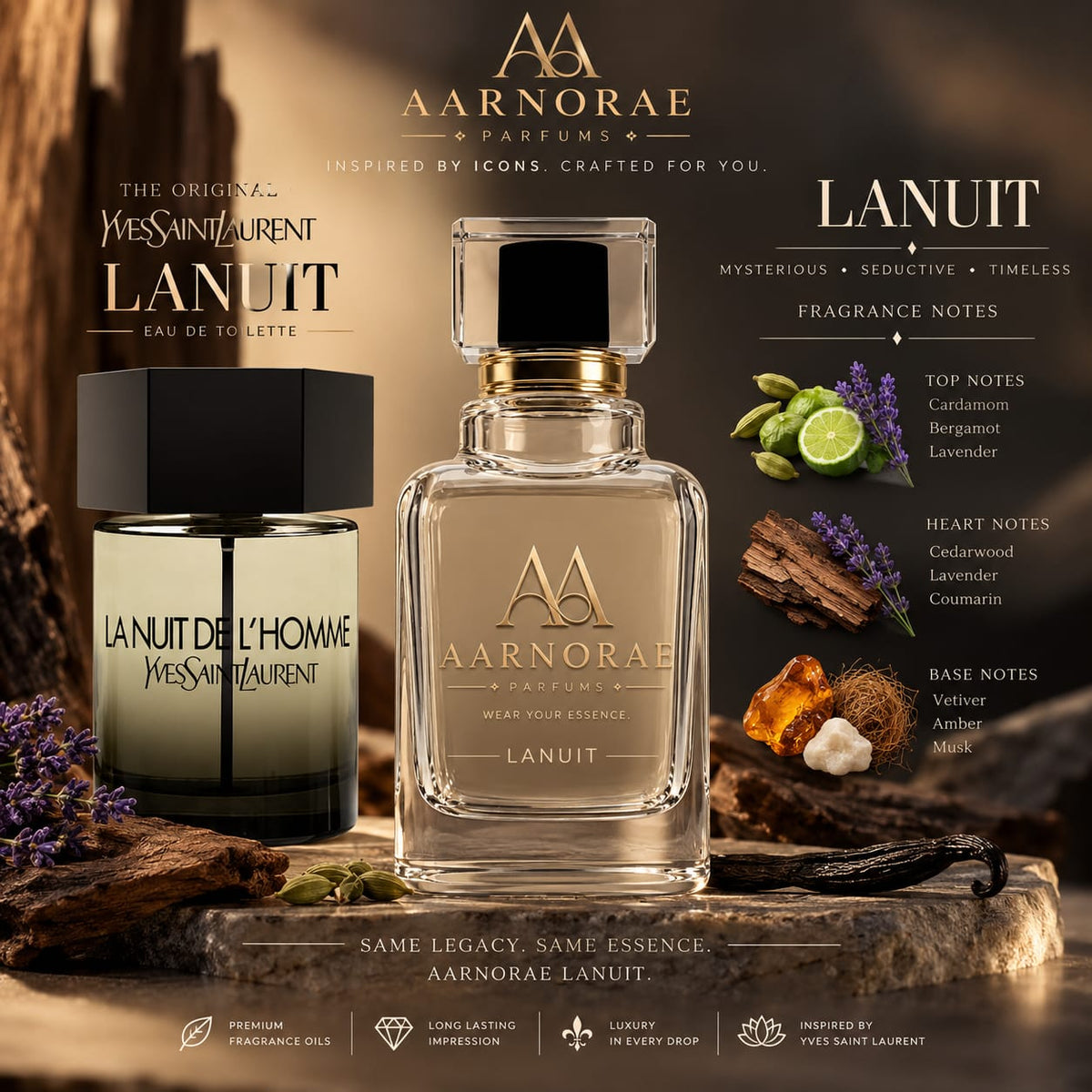 AARNORAE Lanuit warm aromatic spicy woody Eau de Parfum for men with cardamom, lavender and vetiver.