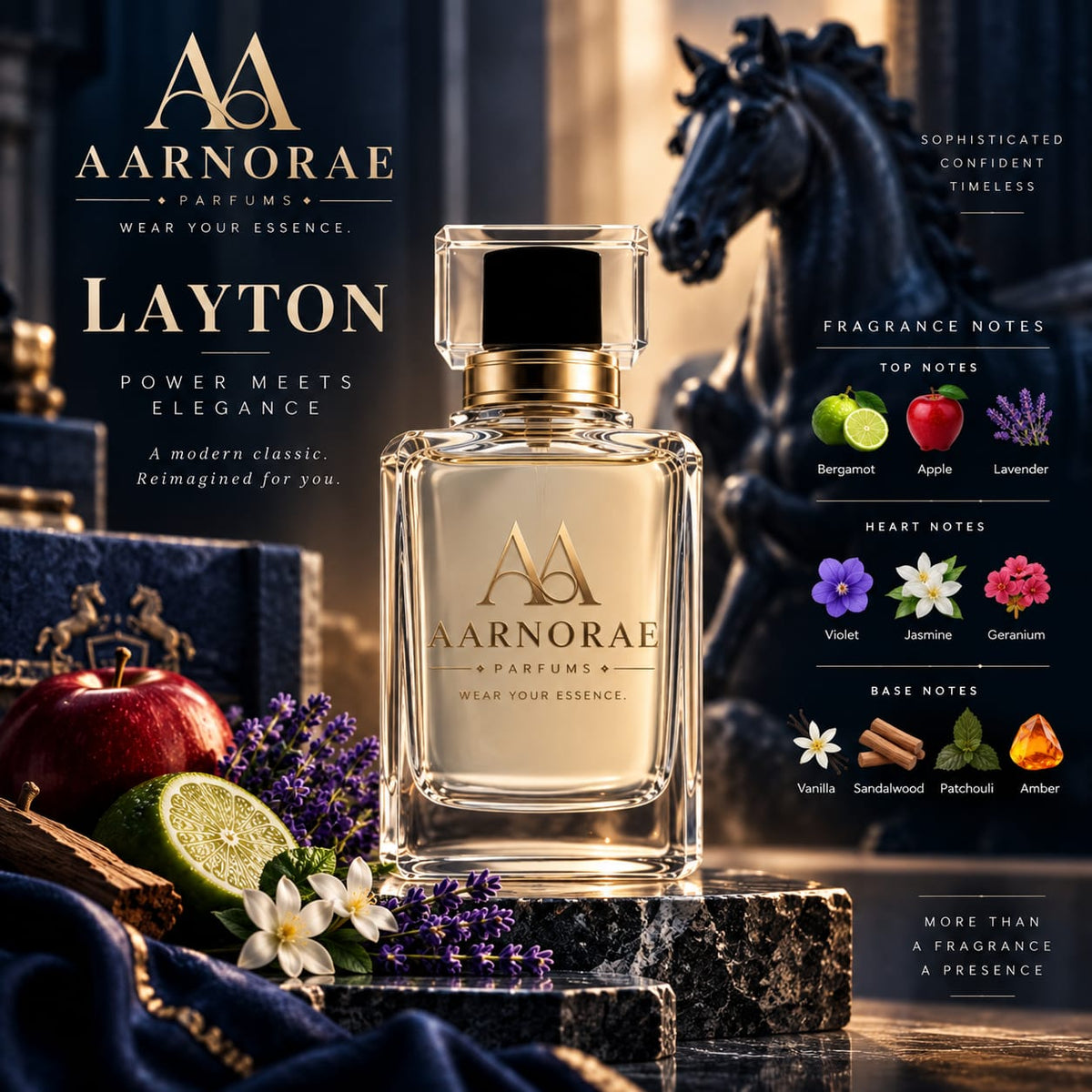 AARNORAE Layton refined amber woody perfume inspired by Parfums de Marly Layton.