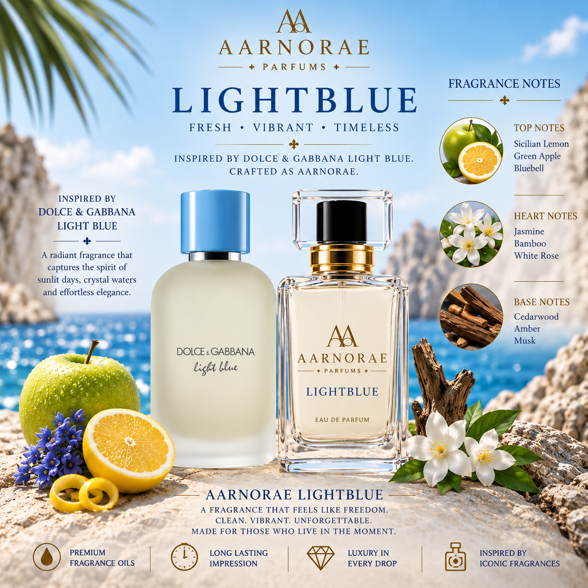 AARNORAE Lightblue fresh citrus floral woody Eau de Parfum for women with Sicilian lemon, jasmine and cedarwood.