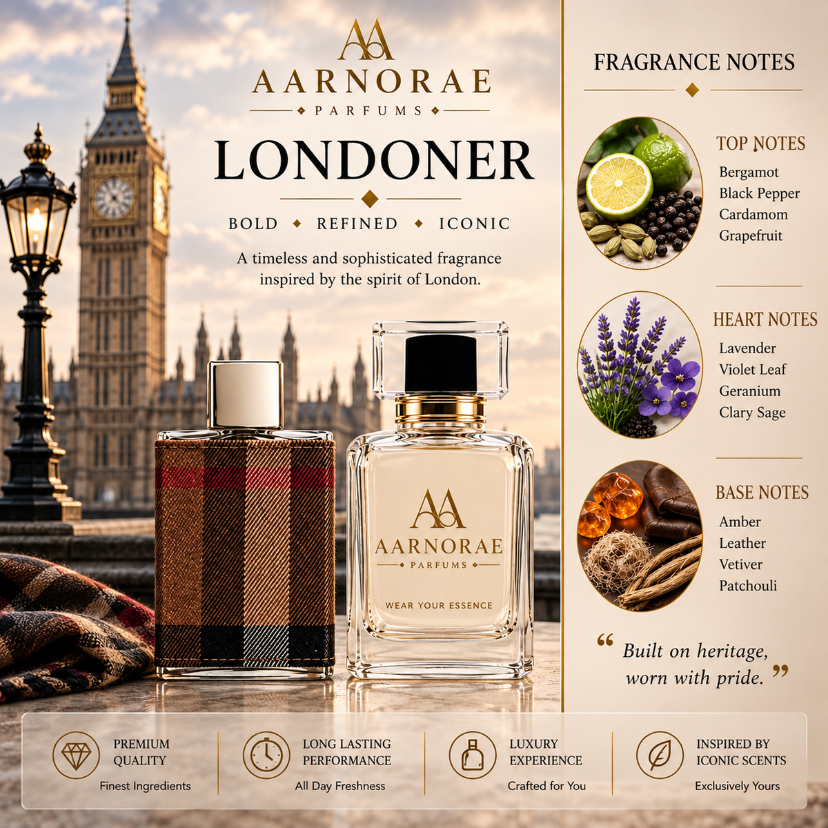 AARNORAE Londoner men’s perfume advertisement featuring a luxury fragrance bottle against a London-inspired backdrop with Big Ben. The fragrance has bergamot, black pepper, cardamom and grapefruit top notes; lavender, violet leaf, geranium and clary sage heart notes; and amber, leather, vetiver and patchouli base notes.