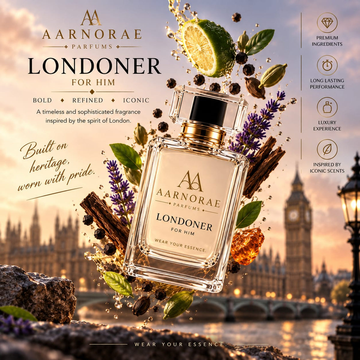 AARNORAE Londoner men’s perfume advertisement featuring a luxury fragrance bottle against a London-inspired backdrop with Big Ben. The fragrance has bergamot, black pepper, cardamom and grapefruit top notes; lavender, violet leaf, geranium and clary sage heart notes; and amber, leather, vetiver and patchouli base notes.