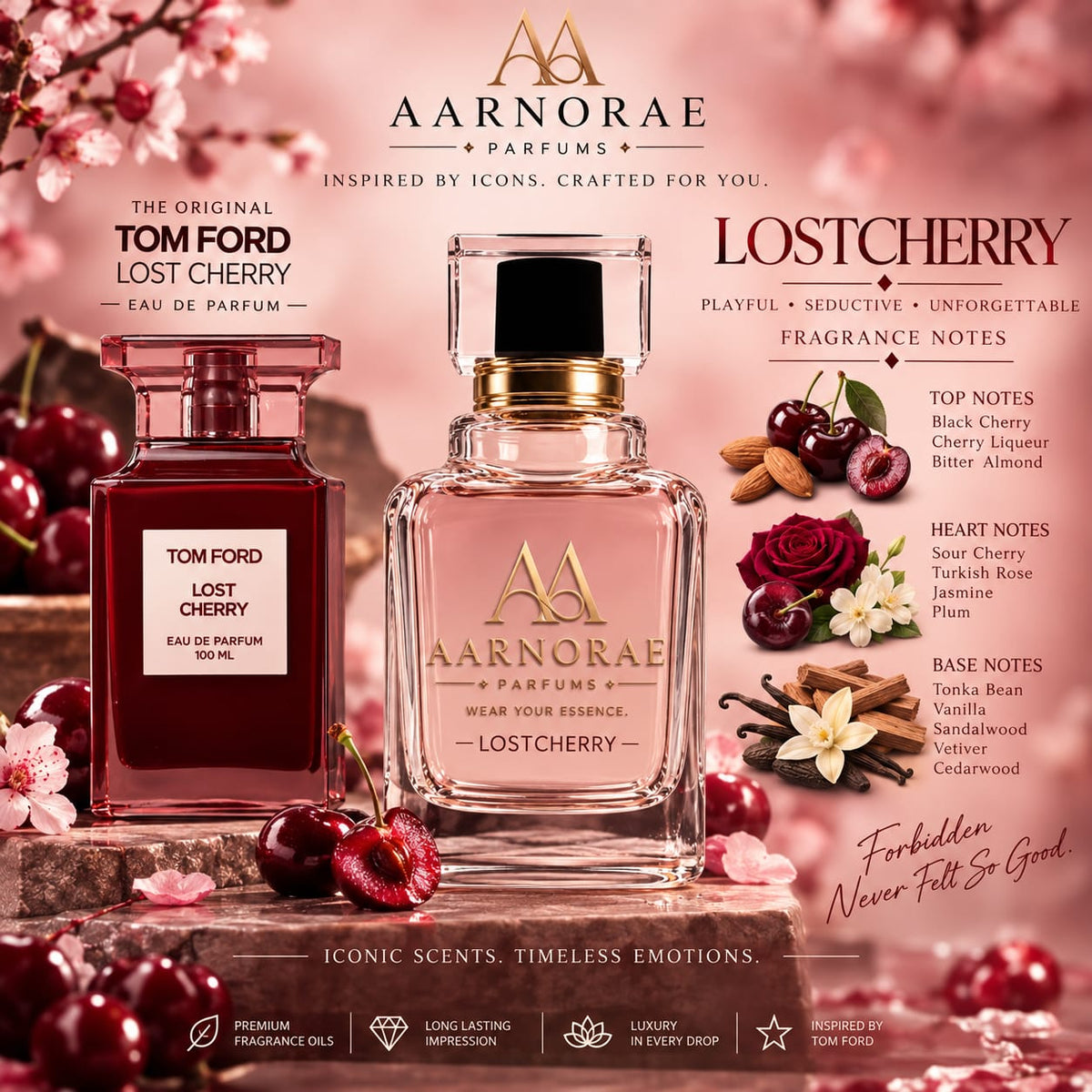 AARNORAE Lostcherry Eau de Parfum bottle with black cherry, almond, rose, vanilla and warm woods.