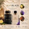 AARNORAE Manblack men's Eau de Parfum with bergamot, black pepper, lavender, amber and tonka bean.