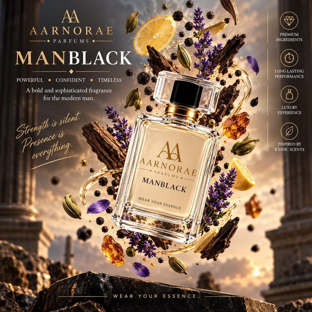 AARNORAE Manblack perfume bottle highlighting a warm woody and spicy fragrance for men.