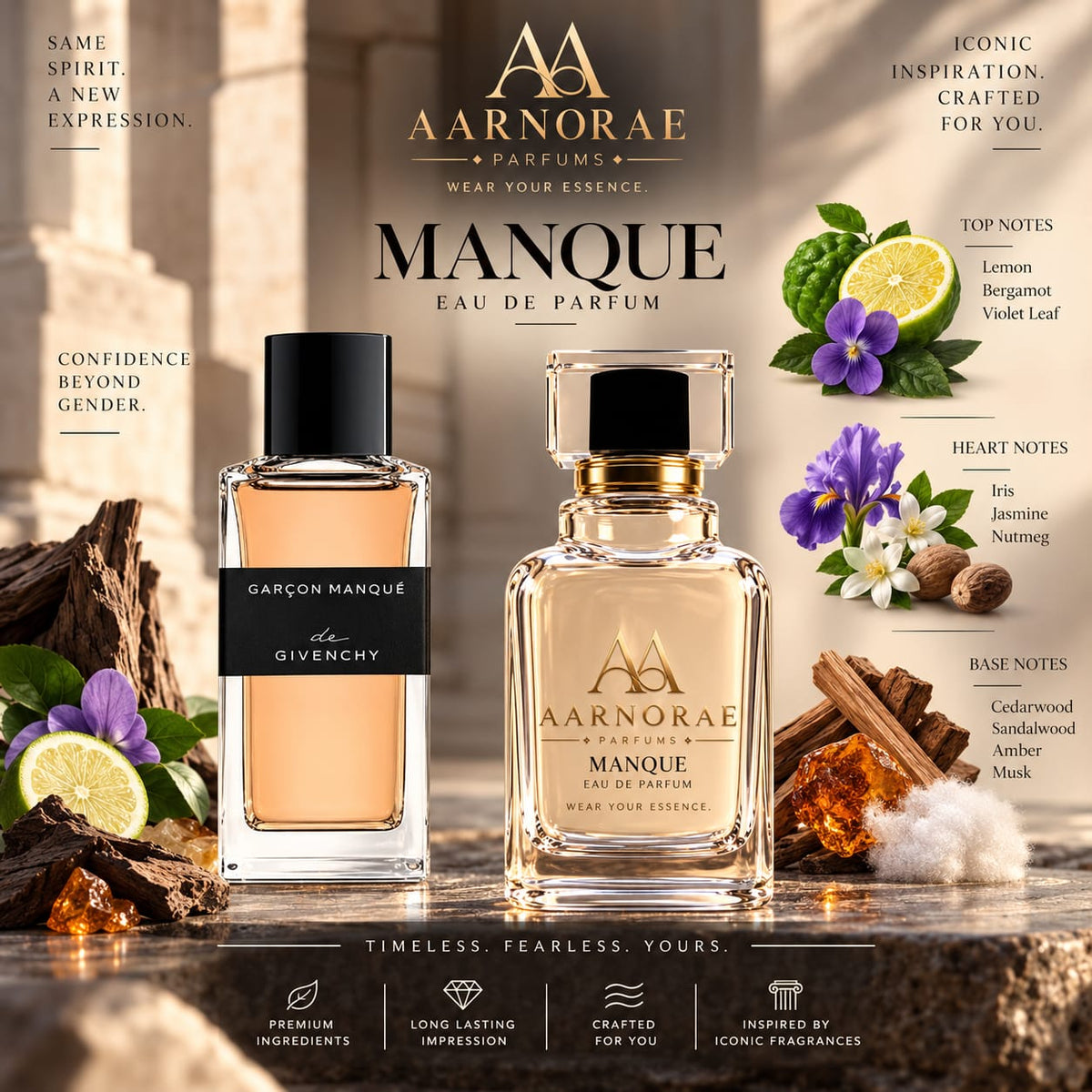 AARNORAE Manque unisex Eau de Parfum with citrus, iris, jasmine, cedarwood and musk.
