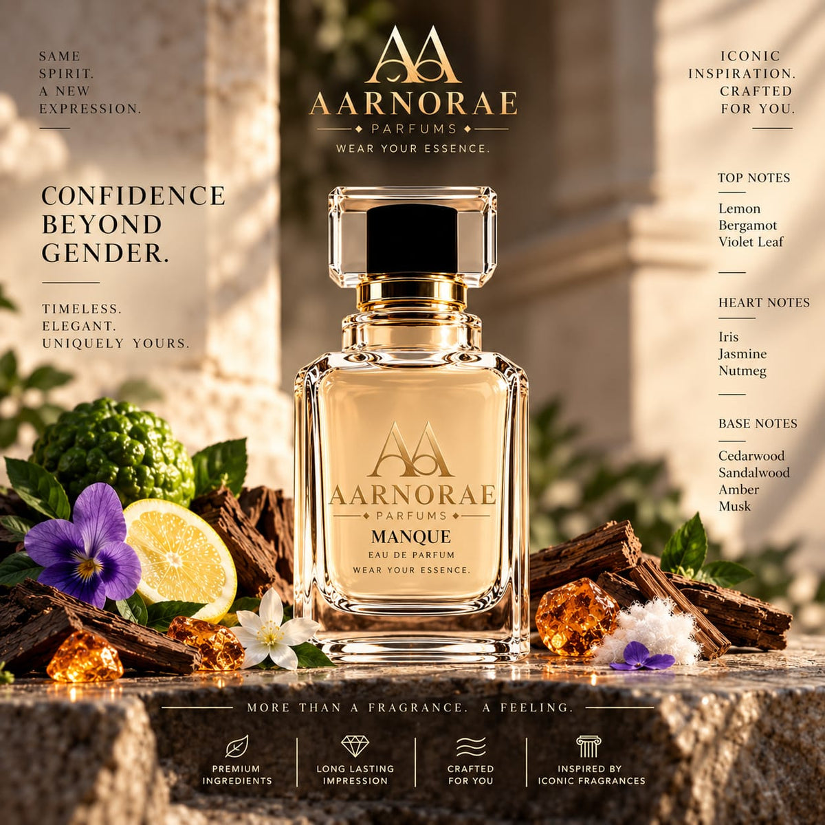 AARNORAE Manque perfume bottle highlighting a refined woody floral and musky fragrance.