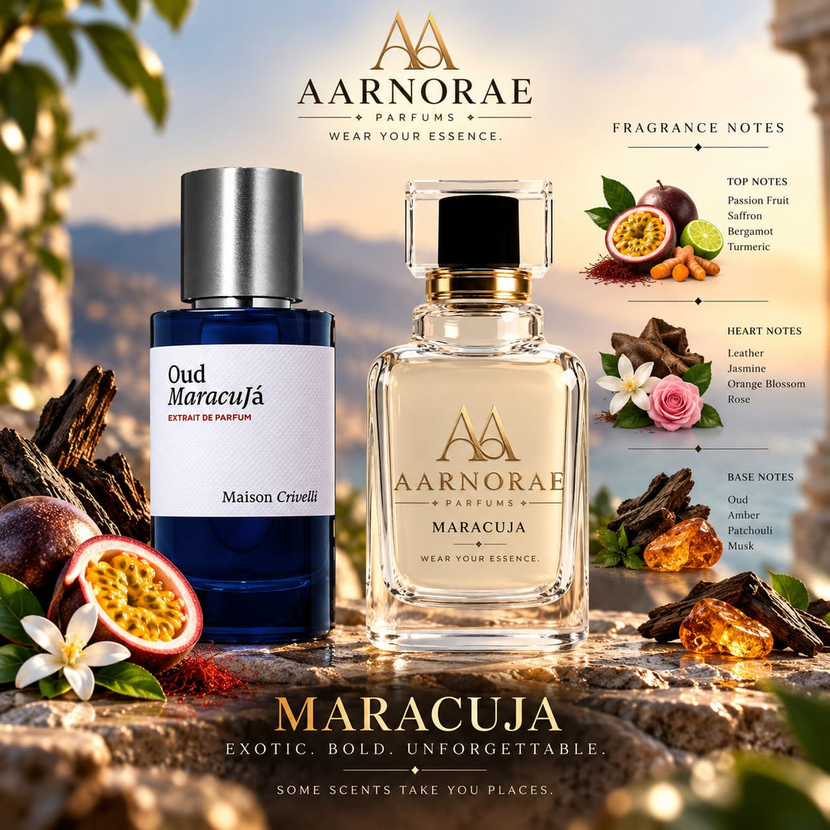AARNORAE Maracuja Eau de Parfum with passion fruit, saffron, leather, oud, amber and musk.
