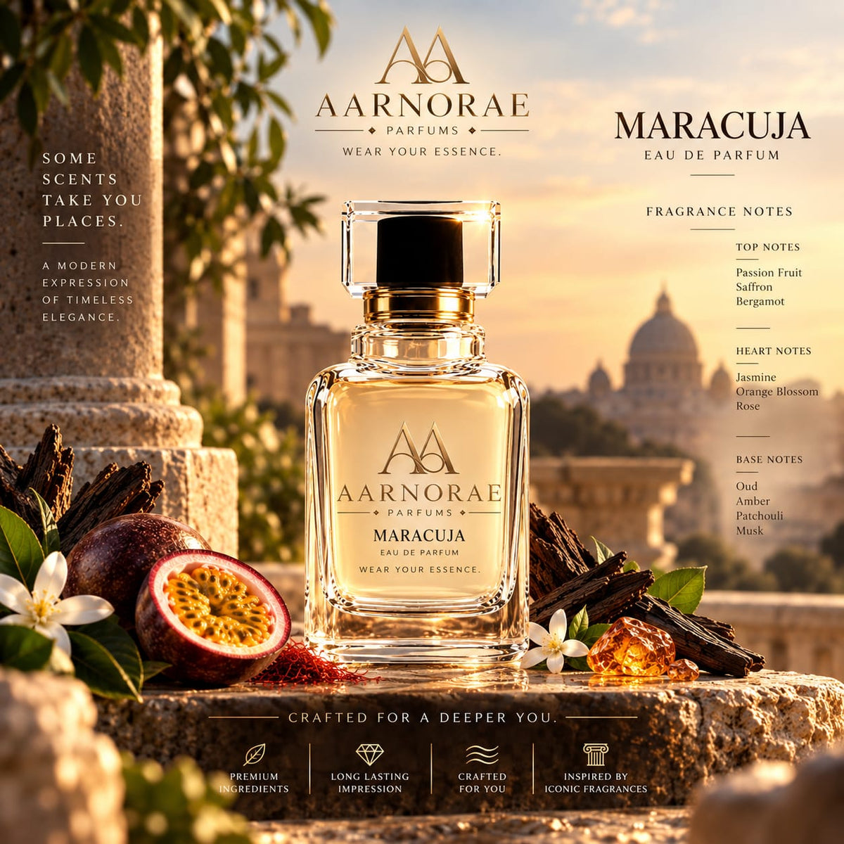 AARNORAE Maracuja perfume bottle highlighting a bold fruity oud and spicy fragrance.