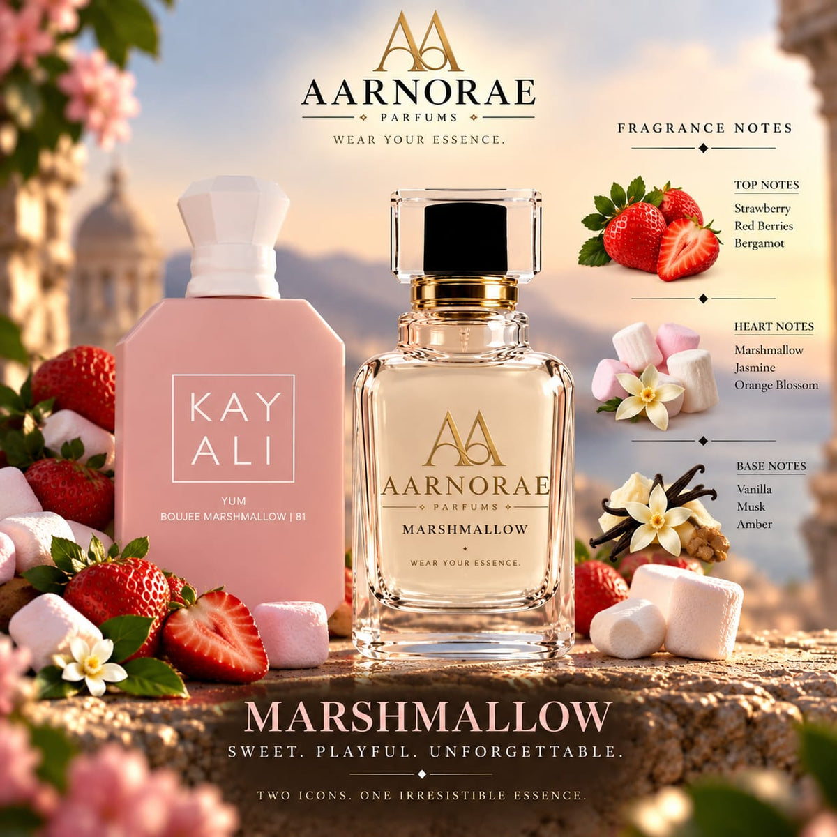 AARNORAE Marshmallow Eau de Parfum with strawberry, marshmallow, jasmine, vanilla and musk.