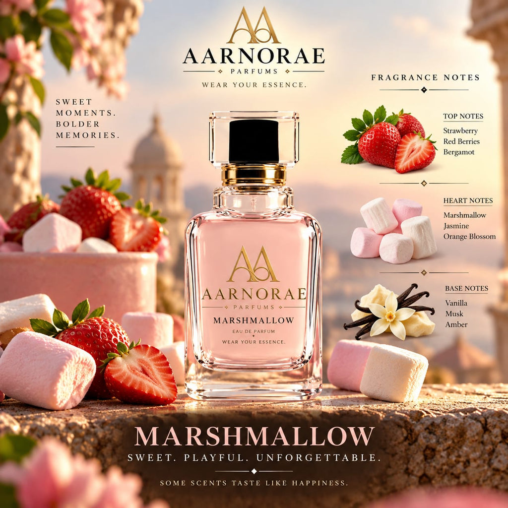 AARNORAE Marshmallow perfume bottle highlighting a creamy fruity floral gourmand scent.